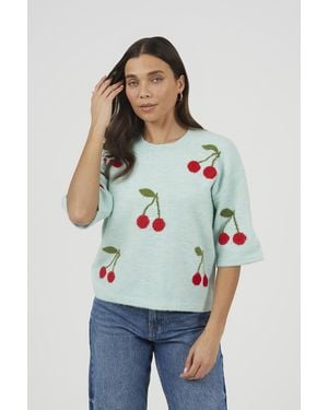 Brave Soul Short Sleeve Cherry Jacquard Knit Jumper - Multicolour