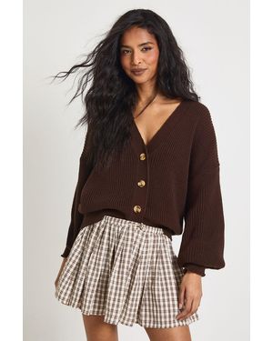Boohoo Balloon Sleeve Button Through Rib Cardigan - Brown
