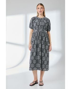 PRINCIPLES Puff Sleeve Waistband Detail Broderie Midi Dress Cotton - Blue