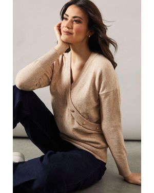 Wallis Button Detail Wrap Slouchy Jumper - Brown