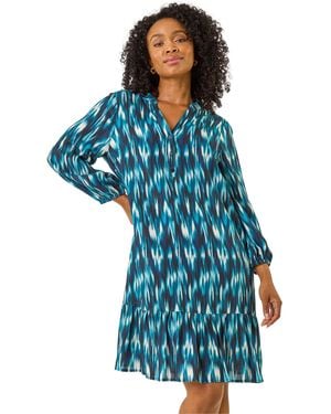 Roman Petite Ikat Print Tiered Hem Dress - Blue