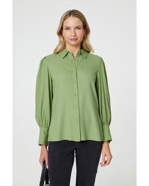 Izabel London Sage Plain Puff Sleeve Button-Up Shirt - Green