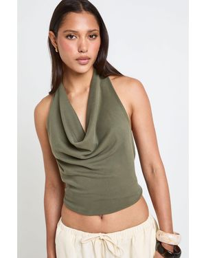 Boohoo Premium Peached Ribhalterneck Cowl Crop Top - Green