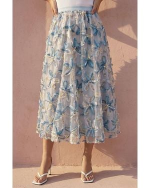 Roman Textured Mesh Floral Midi Skirt - Blue