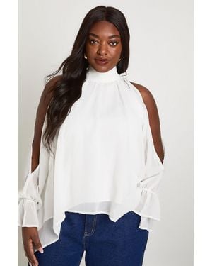 Boohoo Plus Chiffon Halterneck Long Sleeve Draped Blouse - White