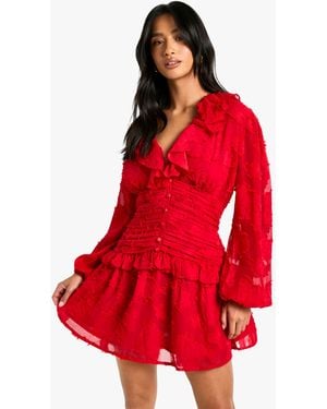 Boohoo Petite Floral Burnout Ruffle Plunge Ruched Skater Dress - Red