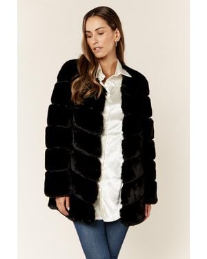 Gini London Diagonal Cut Faux Fur Long Sleeve Jacket - Black