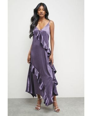 Warehouse Metallic Satin Ruffle High Apex Midi Slip Dress - Purple