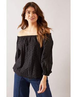 Wallis Broderie Puff Sleeve Top - Black