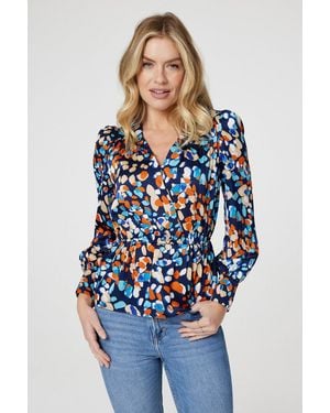 Izabel London Printed Long Sleeve Peplum Blouse - Blue