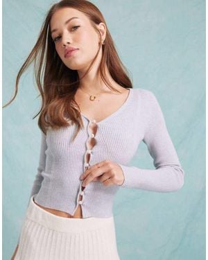 Miss Selfridge Cosy Knit Rib V Neck Faux Pearl Button Detail Long Sleeve Top - Grey