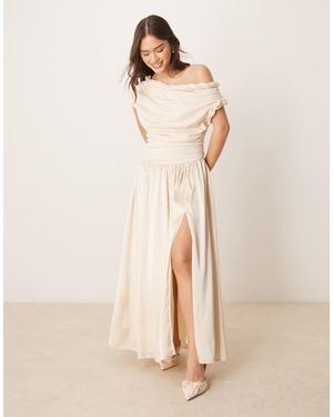 ASOS Twist Neckline Ruched Bodice With Satin Skirt Midi Dress - Natural