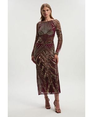 Karen Millen Petite Premium Mirrored Crystal Embellished Woven Long Sleeve Column Dress - Brown