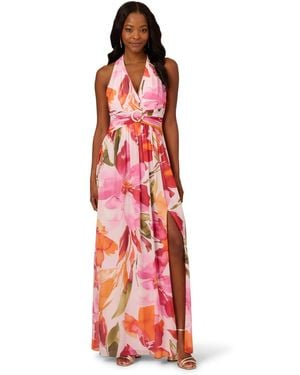 Adrianna Papell Floral Chiffon Ring Gown - Red