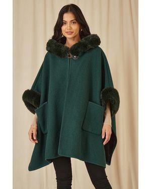 Yumi' Cape With Luxe Fur Trim And Lining - Green