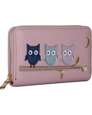 Woodland Leathers Rfid Wallet, Zip Around Purse Owl Design - Purple