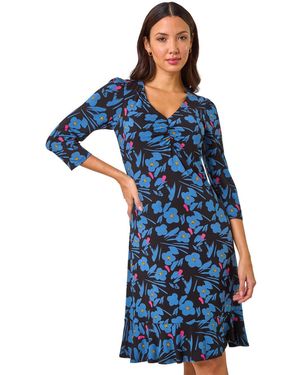 Roman Floral Print V-Neck Ruched Dress - Blue