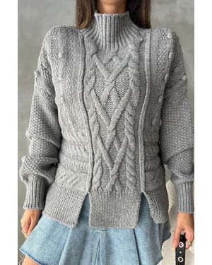 Hiccup Cable Knitted High Neck Jumper With A Slit - Grey