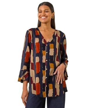 Roman Abstract Print Buttoned Blouse - Black