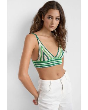 Hiccup Striped V Neck Knitted Crochet Crop Top - Green
