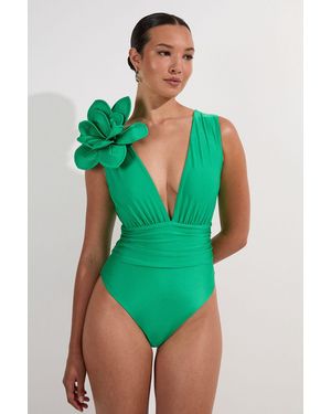 Karen Millen Flower Corsage Plunge Swimsuit - Green