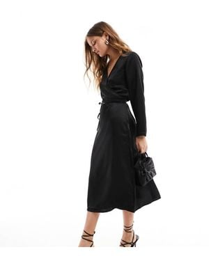 Only Petite Satin Wrap Midi Dress - Black