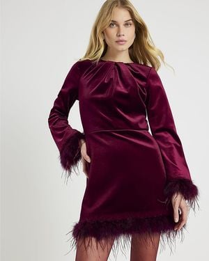 River Island Dress Velvet Long Sleeve Feather Trim - Red
