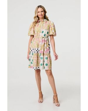 Izabel London Patchwork Print Knee Length Shirt Dress - White