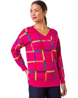 Roman Grid Pattern V-Neck Knit Jumper - Pink