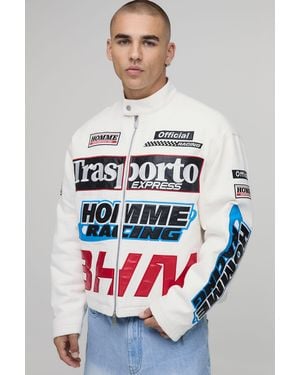 BoohooMAN Boxy Fit Twill Applique Moto Jacket - Grey