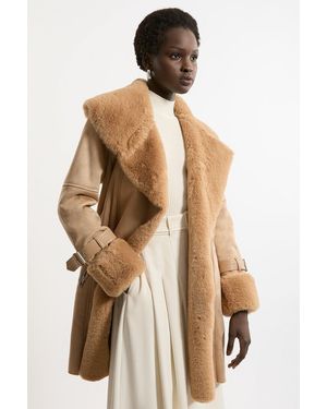 Karen Millen Faux Shearling Collar & Cuff Belted Short Coat - Natural