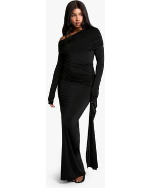 Boohoo Asymmetric Ruched Long Sleeve Maxi Dress - Black