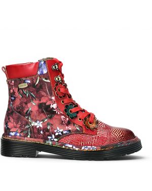 Laura Vita Gothic Victorian Floral Leather Lace-Up Boots - Red