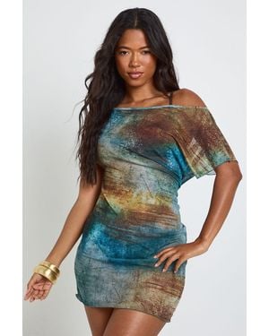 Boohoo Abstract Print Sheer Mesh Asym Cowl Back Mini Beach Dress - Blue
