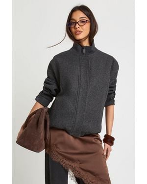 Boohoo Funnel Neck Wool Look Bomber Jacket - Grey