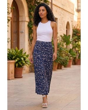 Roman Floral Print Elastic Waist Midi Stretch Skirt - Blue