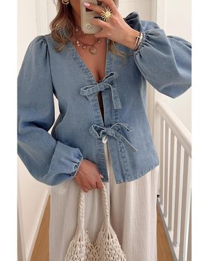 Azura Exchange Stijlvolle Denimbloes Met Striksluiting En Ballonmouwen - Blauw