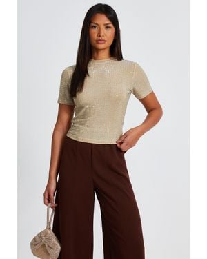 Quiz Knit Embellished Top Viscose - Brown