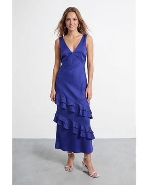 Warehouse Ruffle Layer V Neck Bias Slip Dress - Blue