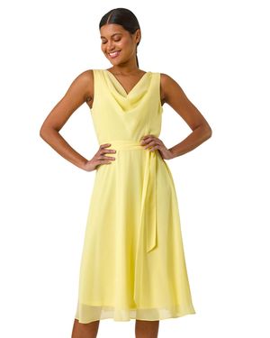 Roman Cowl Neck Tie Waist Dress - Yellow