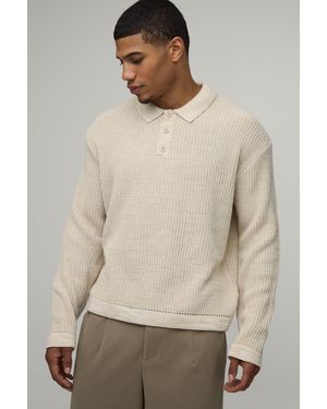 BoohooMAN Oversized Boxy Fisherman Rib Marl Knitted Polo - Natural