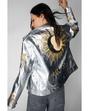 Nasty Gal Real Leather Star And Moon Embroidered Jacket - Grey