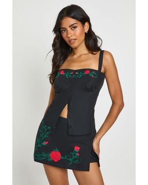 Boohoo Poplin Embroidered Mini Skirt - Black