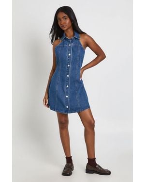 Boohoo Halterneck Cinched Button Front Denim Mini Dress - Blue