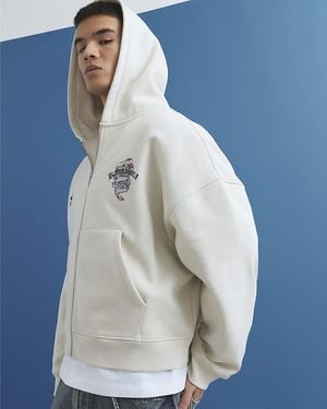 River Island Hoodie Cream Oversized Fit Japanese Kamakura Zip - Blue