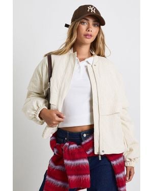 Boohoo Textured Collarless Bomber Jacket - White