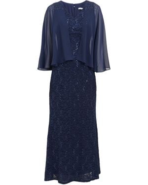 Gina Bacconi Jayden Long Fit And Flare V-Neck Dress With Illusion Capelet - Blue