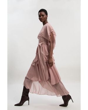 Karen Millen Ruffle Detail Chiffon Woven Maxi Dress - Pink