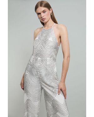 Karen Millen Embellished Geo Halter Woven Jumpsuit - Grey