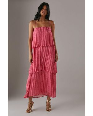 Warehouse Chiffon Pleated Tier Strappy Midi Dress - Red